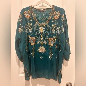 Johnny Was Blue Embellished 3/4 Sleeve Millicent Style Blouse